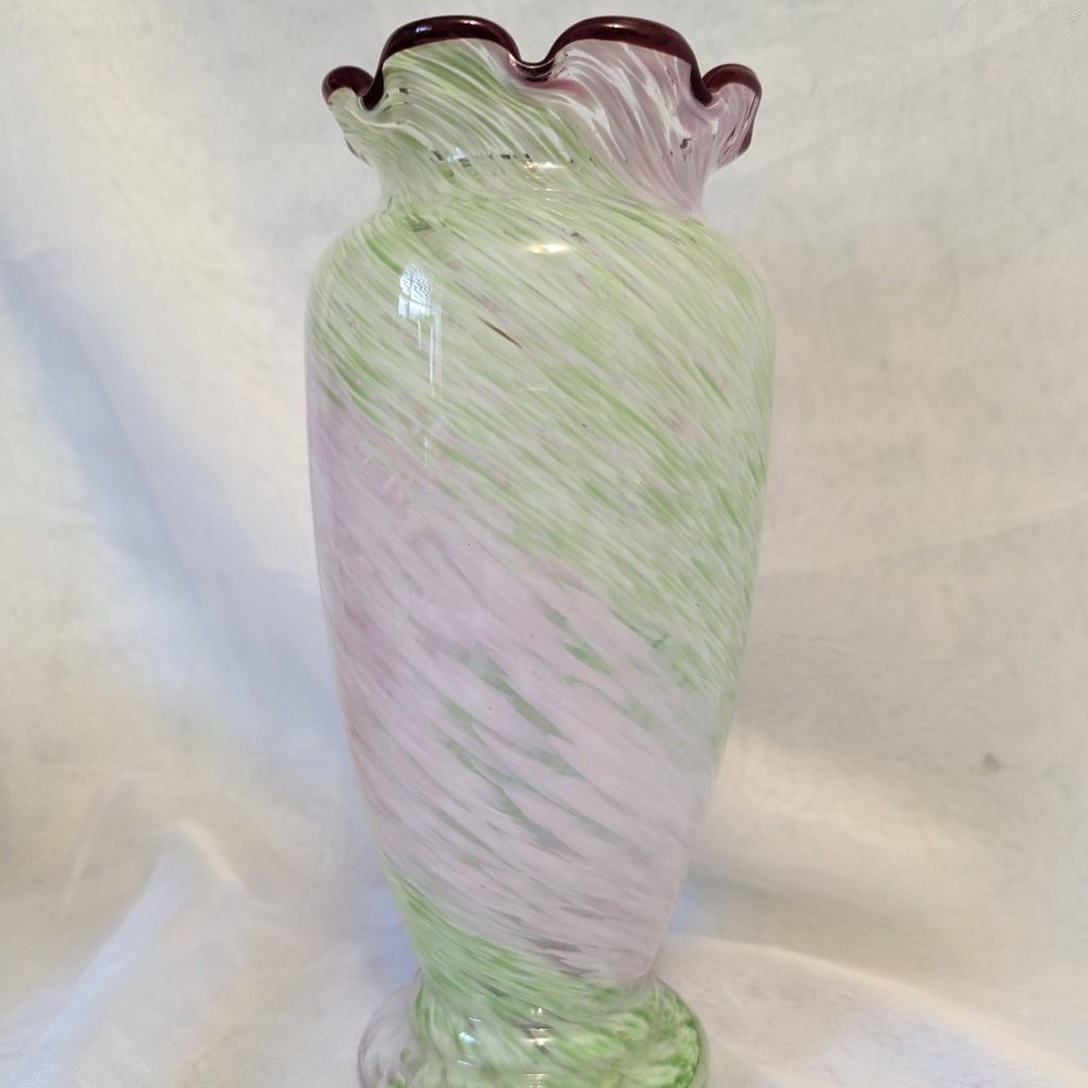 Vase with Green and Pink swirls, sturdy base and fluted top - unbranded